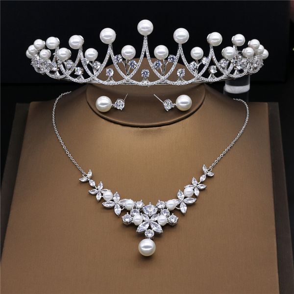 

amupp wedding jewerly sets cubic zirconia simulated pearl brides tiara necklace and earrings sets princess crown choker for prom, Slivery;golden
