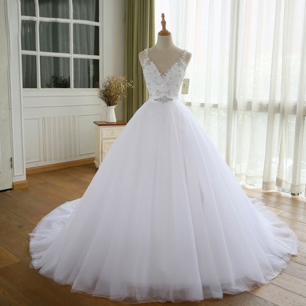 

wedding dresses a-line v neck sleeveless stunning crystals sequins lace appliqued lace-up back classic bridal gowns with sash, White