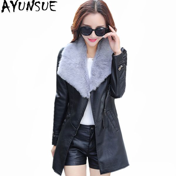 

ayunsue 2017 women pu leather jacket fur collar coat female slim outerwear winter warm women's jackets jaqueta de couro wxf277, Black