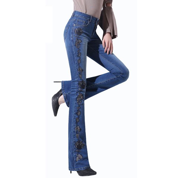 

wzjhz 2018 new embroidered elasticity slim flare jeans female boot cut flower jeans denim trousers, Blue