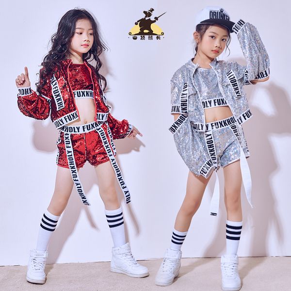 

costumes new sequins jazz dance hip hop street dance set dancing teen children performance costumes, Black;red