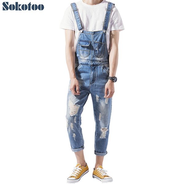 

wholesale-sokotoo men's ankle length holes slim denim bib overalls casual ripped jeans blue suspenders jumpsuits