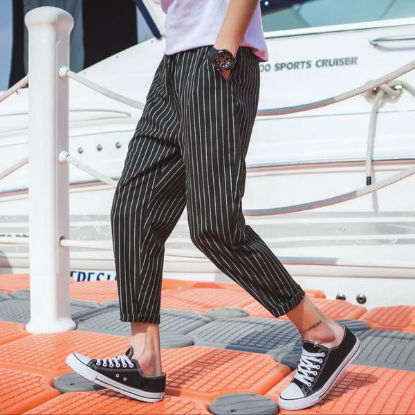 

m-5xl pants men's korean version trend loose feet casual pants vertical stripes nine hairstylist personality harem, Black