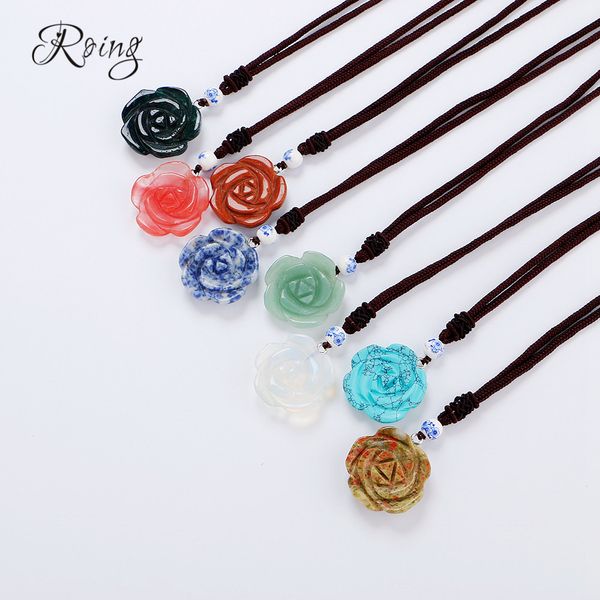 

roing nature stone flower charm pendant necklaces handmade carving quartz necklace for women men girl fashion party jewelry n029, Silver