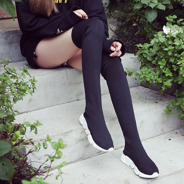 

2018 new flat sock boots for womens stretch fabric shoes slip on over the knee boots d50, Black