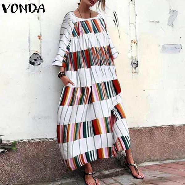 

vonda women maxi long dress 2018 spring autumn retro bohemian casual loose printed splice ankle-length pockets plus size vestido, Black;gray