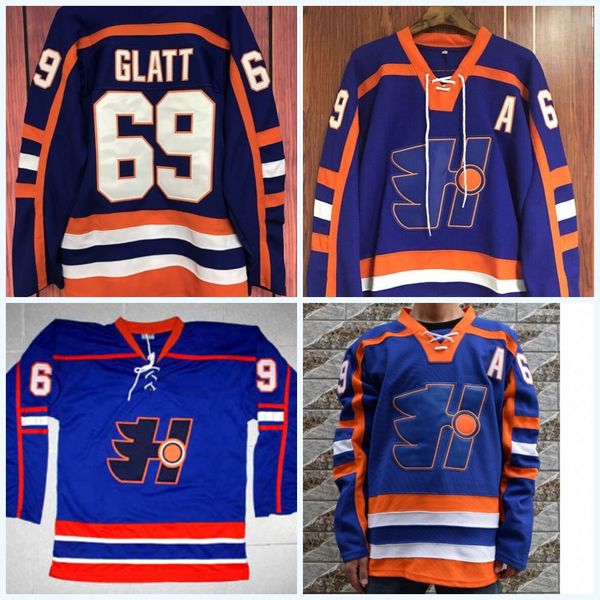 

Mens Stitched Hockey Jersey Doug "The Thug" Glatt Halifax Highlanders #69 GOON Movie Blue Vintage Ice Hockey Jersey Size S-3XL