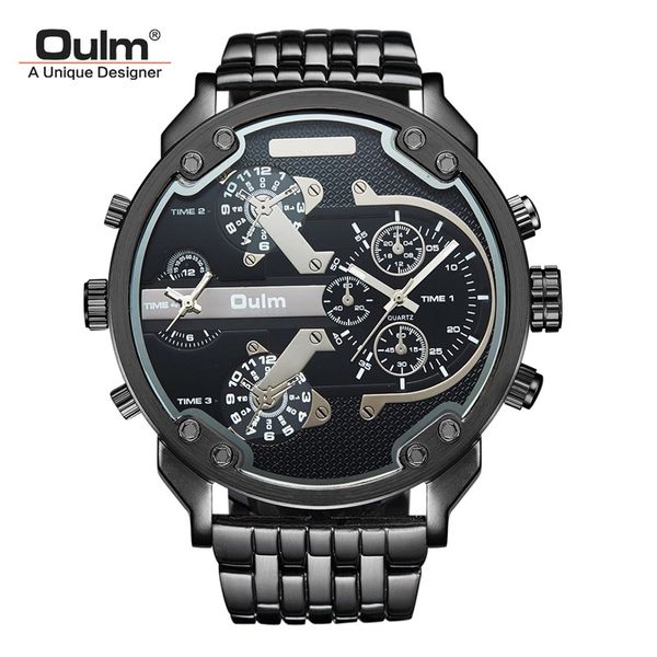 

tearoke fashion cool men watch oulm quartz wristwatch 55mm big dial dual time watch alloy strap clock, Slivery;brown