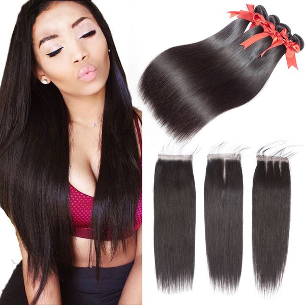 

brazilian straight hair with closure brazilian virgin hair 3 bundles with closure straight 7a human hair weave with closure, Black;brown