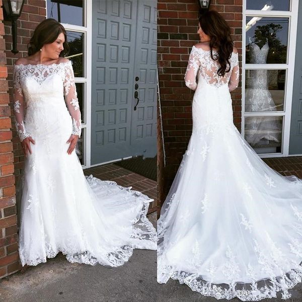 

Lace Mermaid Wedding Dresses 2019 Elegant Long Sleeves Off the Shoulder Bridal Gowns Plus Size Wedding Dresses Sweep Train robe de mariée