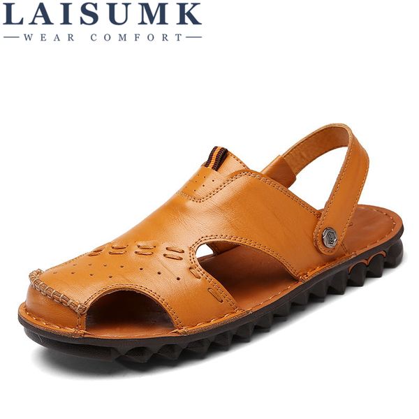 

laisumk men's sandals outdoor casual beach mens shoes genuine leather breathable flat sandals fashion sandalias hombre slipper, Black