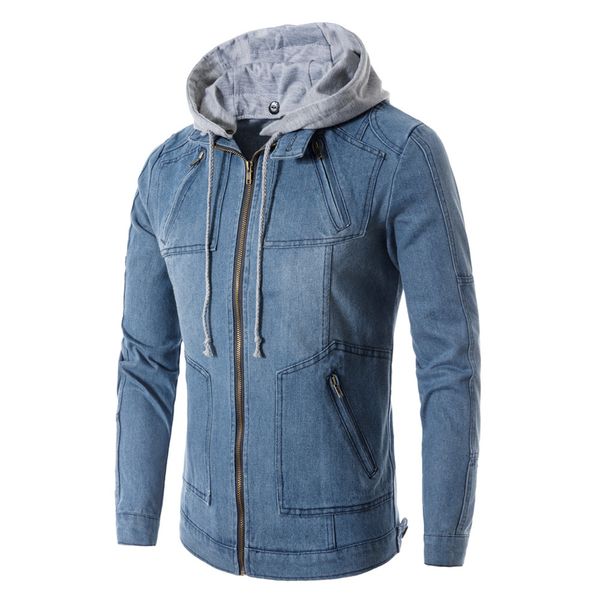 

nice new jacket men fashion long sleeve pockets zipper jeans denim hooded coat casual durable jacket #1726, Black;brown