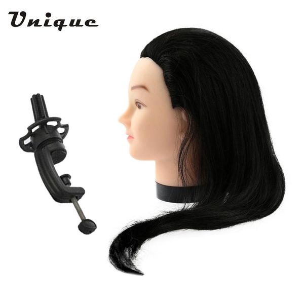 

23" black hairdresser training head dummy model with long hair hairdressing styling practice head model with clamp, Brown