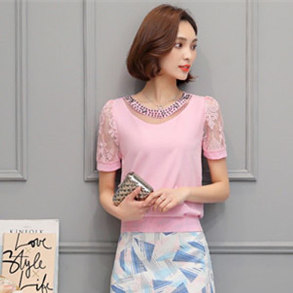

ladies chiffon shirts 2018 summer fashion sweet shirt short sleeves stitching lace blouses female women t81911a, White