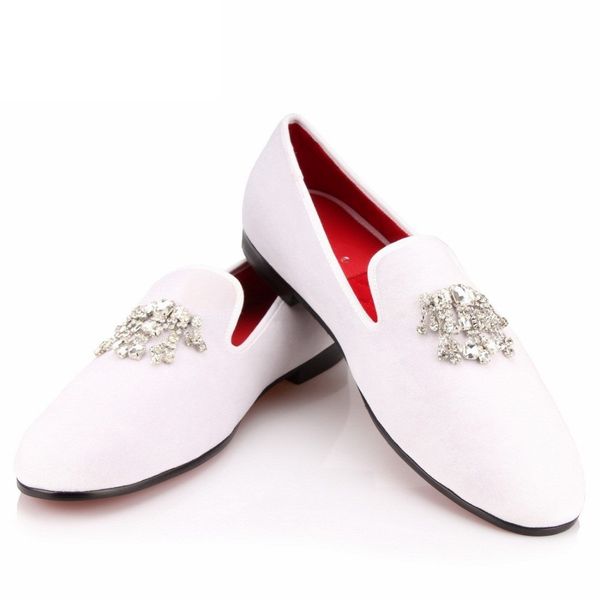 

white velvet dress shoes men loafers smoking slippers rhinestones crystal tassel party wedding flats casual shoes slip, Black