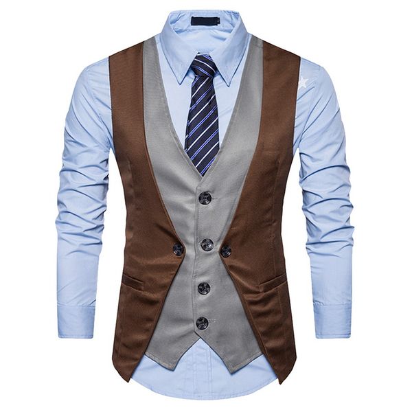 

new men vest fashion fake two piece patch waistcoat casual slim business social suit vest groom plus size xxl, Black;white