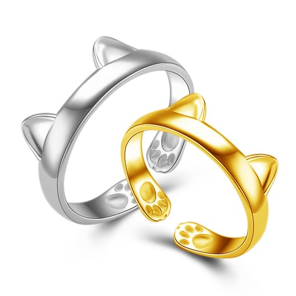 

симпатичные 18k белое золото кошка ухо группа кольца с paw шарм открытые кольца для женщин партии палец кольца ювелирные изделия милые девуш, Silver