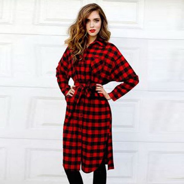 

2018 fashion women lady long sleeve plaid check straight tunic casual blouse shirt dress with belt, White;black