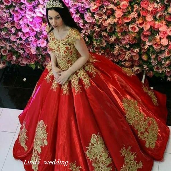 2019 дешевые платье Quinceanera Princess красный с золотыми аппликациями сладостные 16 лет длинные девушки вечеринка Prom Pageant Pageant Pageant Page Plus на заказ