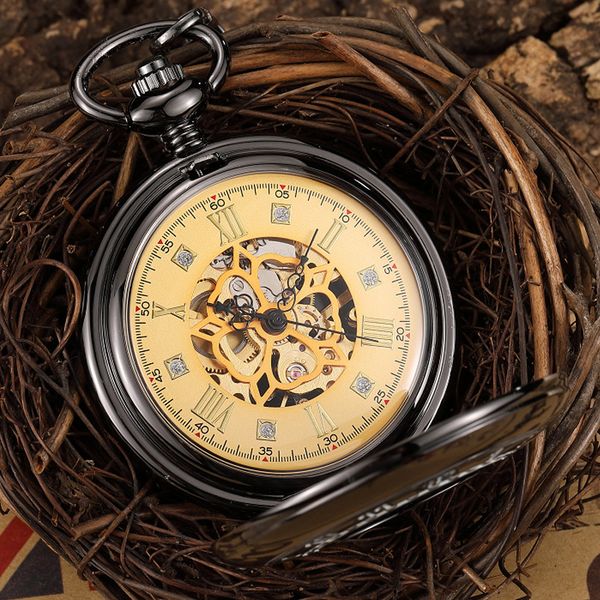 

vintage black necklace watch hand wind mechanical pocket watch with roman numberals luxury skeleton fob pendant men gift, Slivery;golden