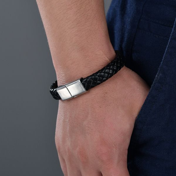 

gereit punk fashion black braided genuine leather bracelets mens handmade stainless steel clasps bracelets bangles male jewelry, White