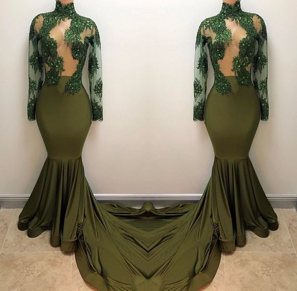

2018 оливковое вечернее платье с высоким вырезом и вырезом для выпускного вечера иллюзия длинные рукава кружева бисероплетение знаменитости, Black