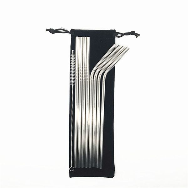 

8+1 set 304 stainless steel straw with retail package silver straws wholesale straws velvet bag packing