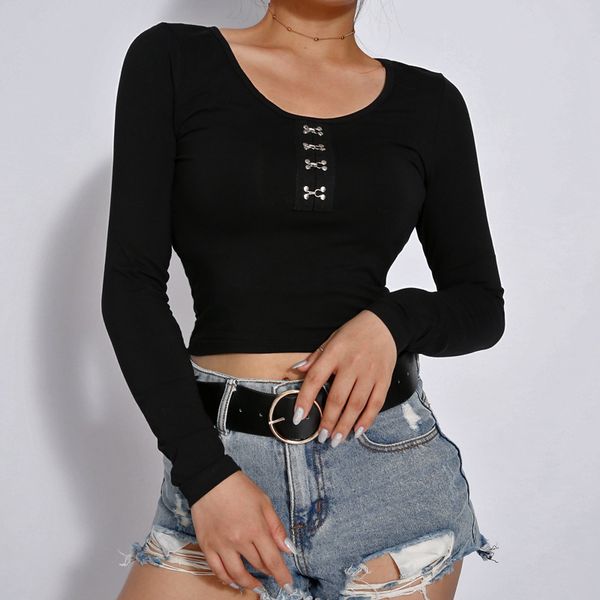

2018 women autumn t shirt scoop neck skinny black long sleeves slim midriff ht1714, White