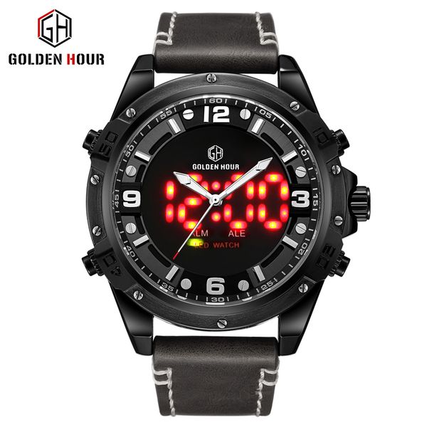 

goldenhour mens watches back-light outdoor watch men led display wristwatch male clock waterproof watch, Slivery;brown