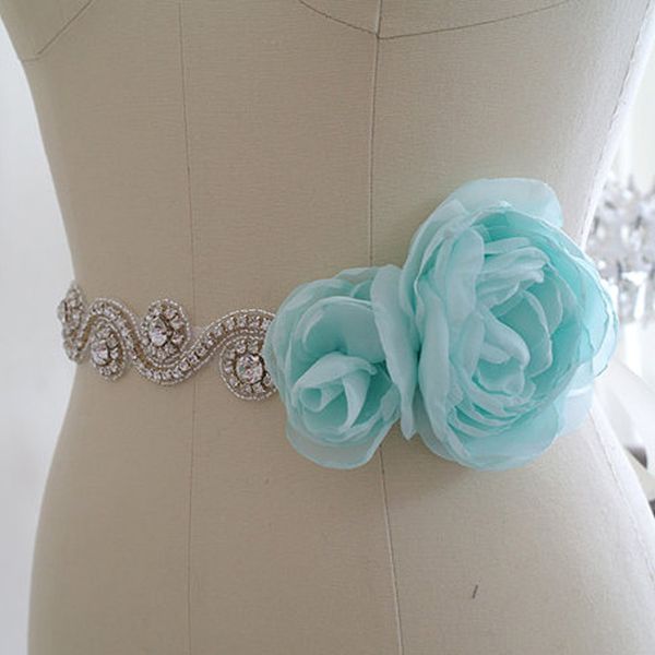 

2019 new arrival wedding sashes crystals mint turquoise handmade flowers ivory sash custom made bridal belt accessory, White