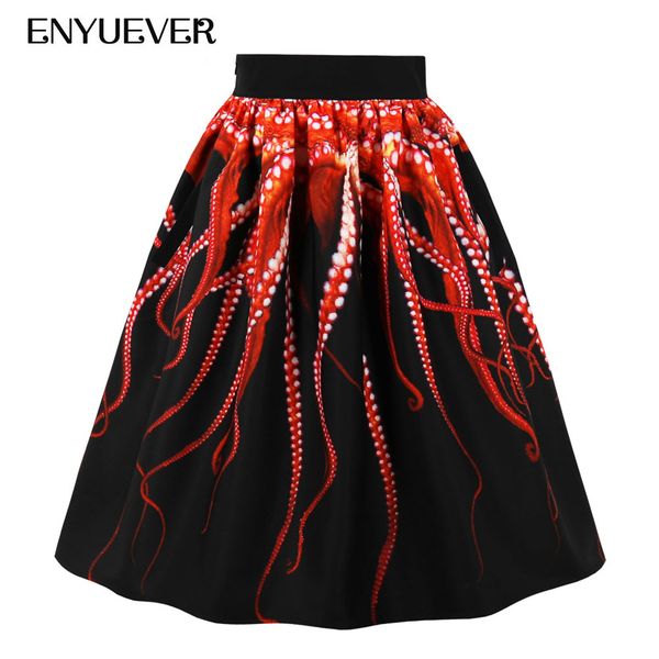 

enyuever midi gothic ocs tentacle skirt punk steampunk pattern streetwear pleated rokken pockets high waist skirts womens, Black