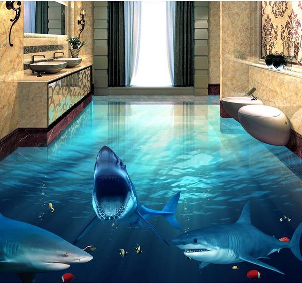 Fierce Shark Underwater World 3D-Bodenfliesen für Badezimmer und Wohnzimmer. 3D-Bodenbelag für Wohnzimmer und Schlafzimmer