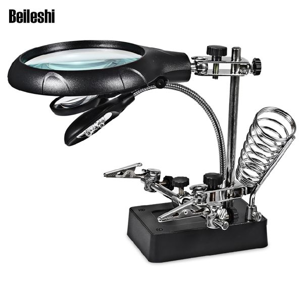 

beileshi 5 led light 10x magnifier desk lamp alligator auxiliary clip stand deskmagnifying tools