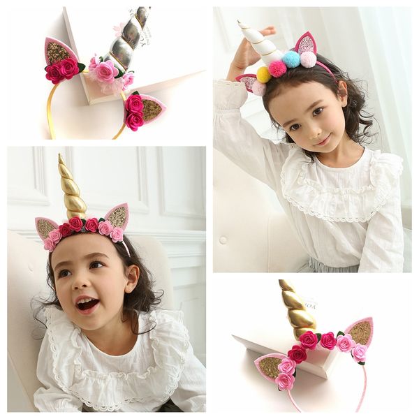 

10pcs unicorn flowers headband birthday gifts lace crown hair bands headwear glitter elastic tiara kids girls hair accessories