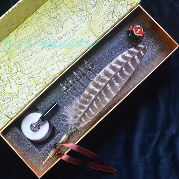 

quill writing feather pen set with 5 nibs 1 ink pen holder signature calligraphy retro carving wedding gift dip, Black;red