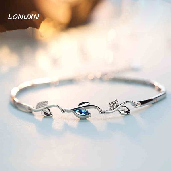 

high qualit 925 sterling silver bracelet female blue crystal jewelry fashion retro cute flash women jewelry fashion leaf female, Golden;silver