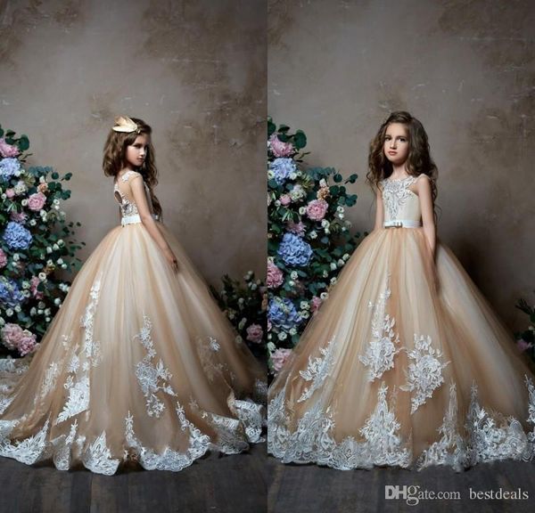 Champagner Spitze Schöne Festzugskleider Juwel Hals bodenlange Ballkleid Blumenmädchenkleid für Hochzeit für kleine Mädchen