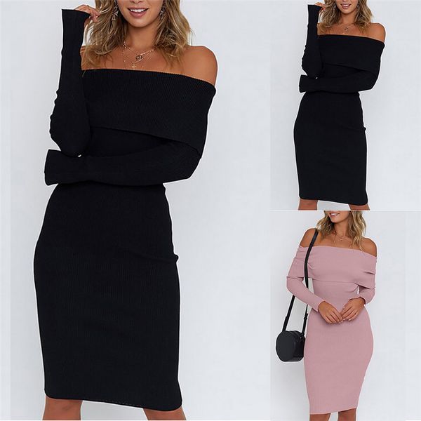 

women solid winter long sleeve off shoulder knitted knee-length sweater pullover dress #1102 a#487, Black;gray