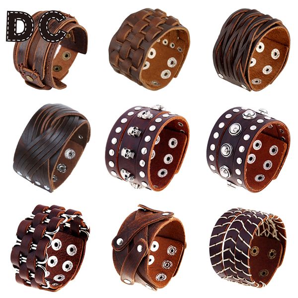 

dc vintage punk big wide brown genuine leather braid wrap bracelet bangle wristband cuff snap clasps for male men jewelry gifts, Golden;silver