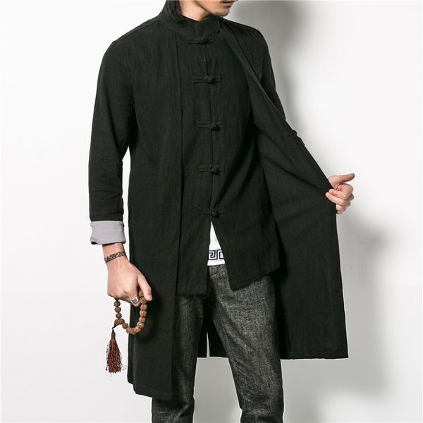 

5xl large size mens pure color single-breasted long-sleeved trench chinese retro style loose long jacket cotton and linen fabric, Tan;black