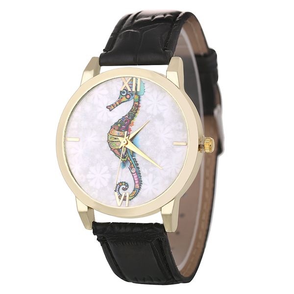 

new style simple creative animal pattern watch cartoon anime cute seahorse wristwatch women's crocodile belt quartz watch, Slivery;brown