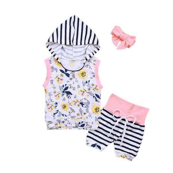 2018 Sommer Kinder Kleidung Neugeborenen Baby Mädchen Outfits Ärmelloses Blumen Kapuzen Tops + Gestreifte Shorts 2PCS Boutique Mädchen Kleidung Sets