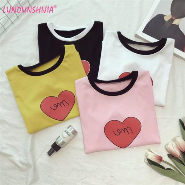

lundunshijia 2018 summer women cotton t-shirts love heart printed female t-shirt fashion elasticity slim short 4 colors, White