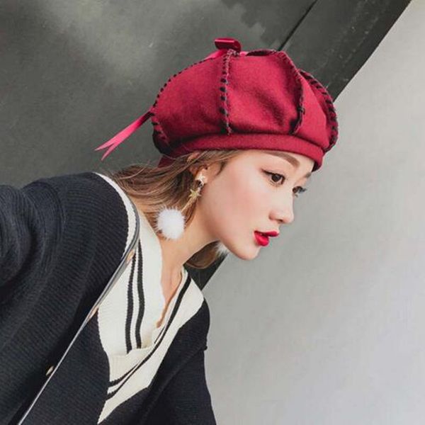 

2018 new women lady wool vintage warm bow beret french artist beanie hat ing, Blue;gray