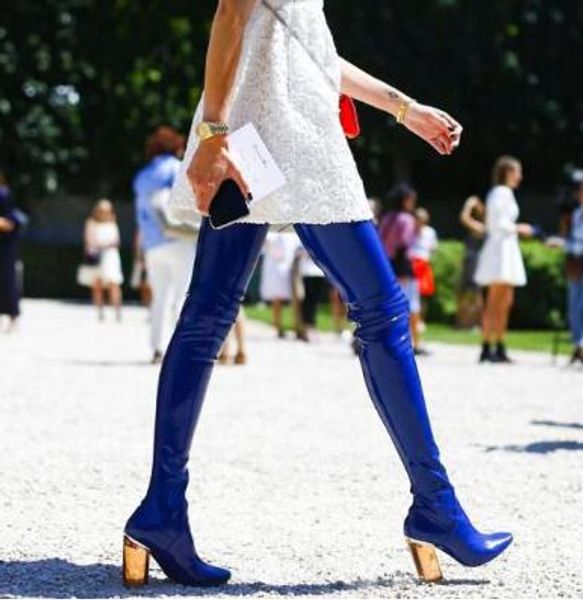 2018 Super Hot Blue Lackleder Frauen Sexy Oberschenkel Hohe Stiefel Spitze Toe Bunte Kristall Chunky Heel Knight Boot Overknee