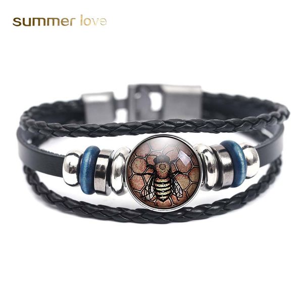 

bee animal glass dome leather bracelet for women men multilayer braided animal bracelet fashion jewelry wholesale, Black