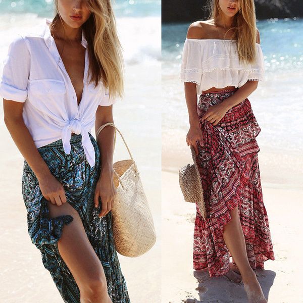 

new fashion women ladies boho tribal floral skirt maxi summer casual beach long asymmetrical skirt, Black