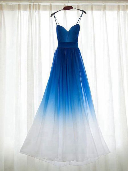 Einfache Ombre-Partykleider für Frauen, echte Fotos, blau bis weiß, mit Trägern, Farbverlauf, Chiffon, Empire-Stil, günstiges Abschlussball-formales Kleid unter 100