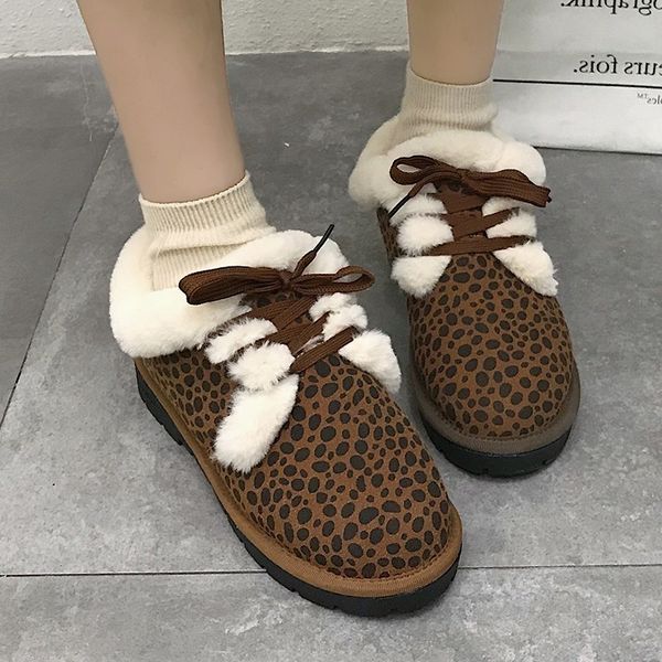 

warm leopard shoes winter flats shoes woman platform home slippers plush fur women ladies lace up outdoor, Black