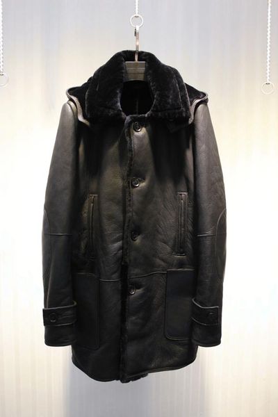 

clearance winter men's fashion casual sheep fur sheepskin leather surface wool lining middle long design jacket coat with hooded, Black